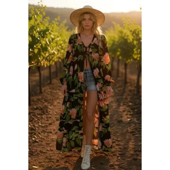 Flying Tomato Tropical Print Duster | Tie Waist Tiered Maxi Top - Picture 6 of 12